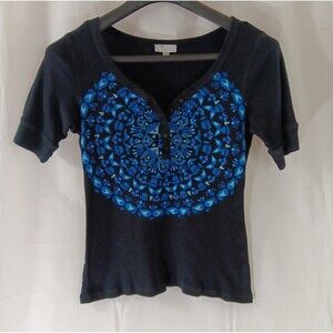Currants Size Large Black Blue Graphic Mandala Y2K Henley Baby Tee 100% Cotton